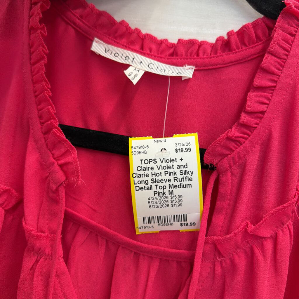 Violet and Clarie Hot Pink Silky Long Sleeve Ruffle Detail Top Medium