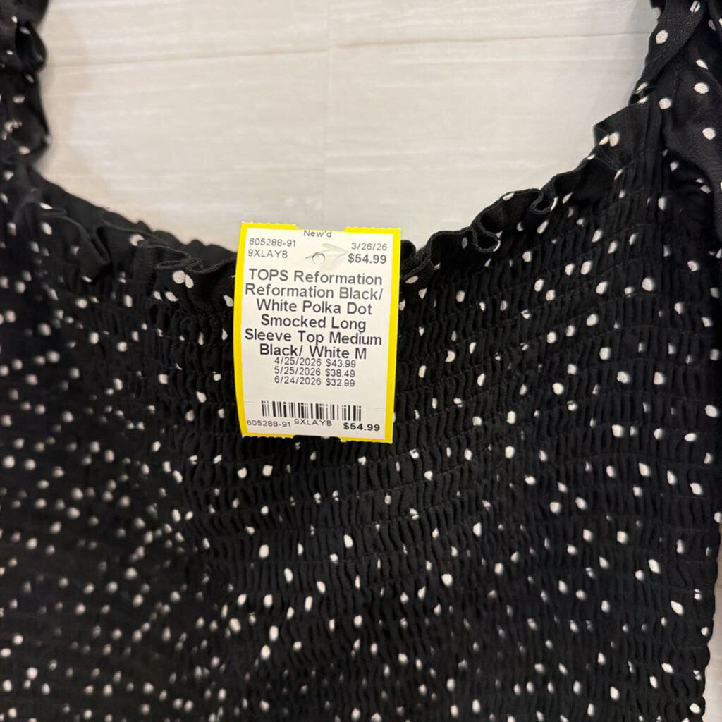 Reformation Black/ White Polka Dot Smocked Long Sleeve Top Medium