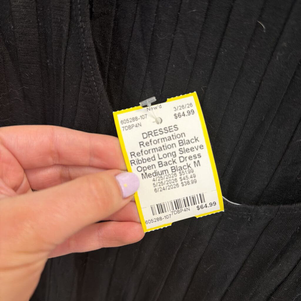 Reformation Black Ribbed Long Sleeve Open Back Dress Medium
