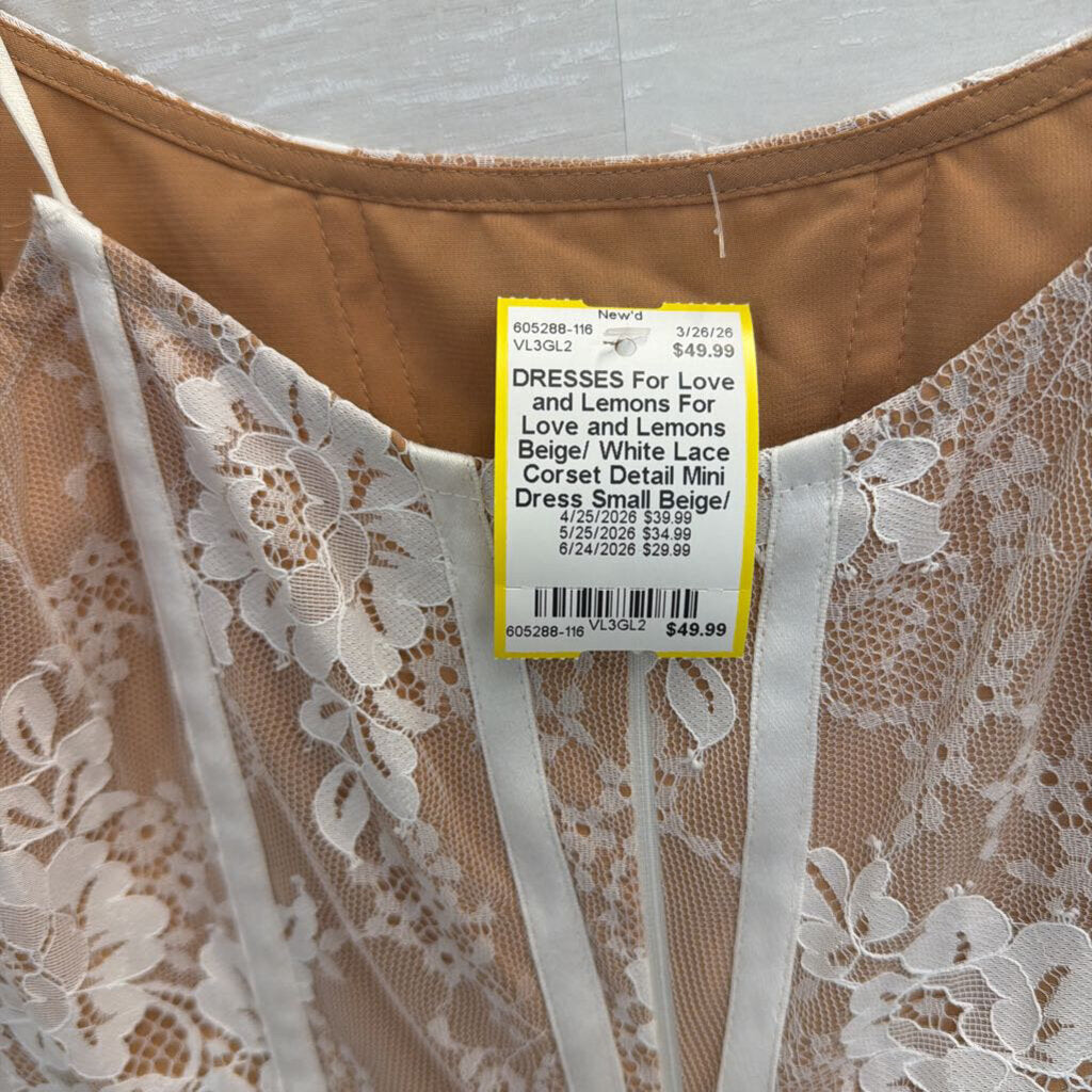 For Love and Lemons Beige/ White Lace Corset Detail Mini Dress Small