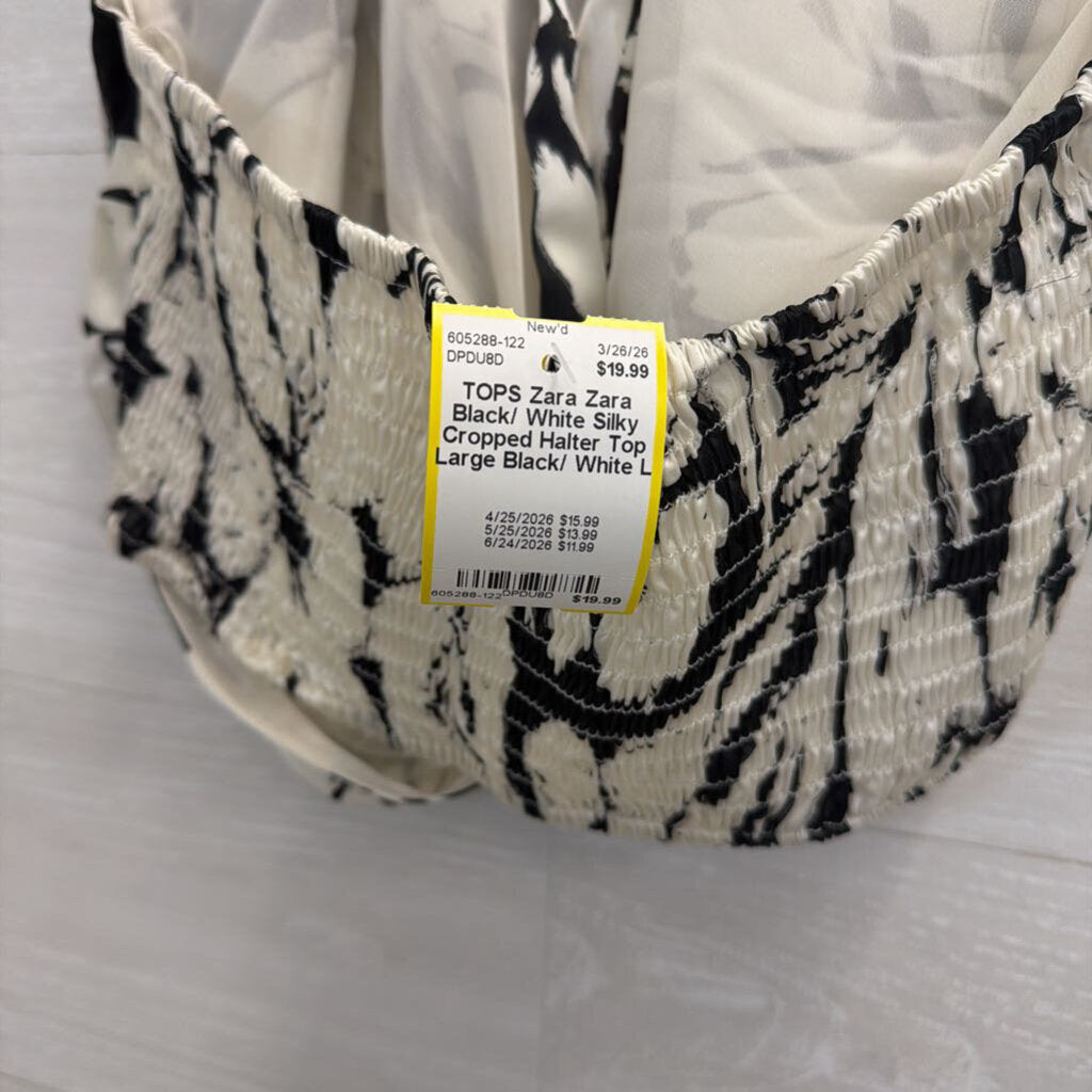 Zara Black/ White Silky Cropped Halter Top Large