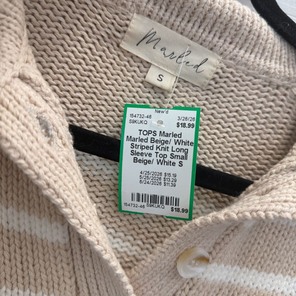 Marled Beige/ White Striped Knit Long Sleeve Top Small