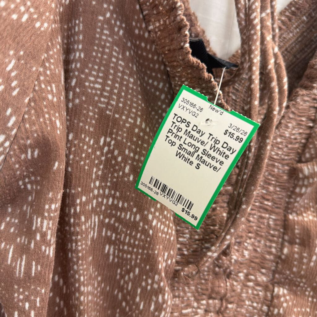 Day Trip Mauve/ White Print Long Sleeve Top Small