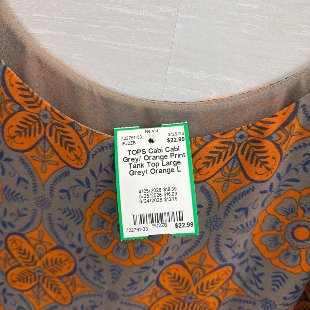 Cabi Grey/ Orange Print Tank Top Large