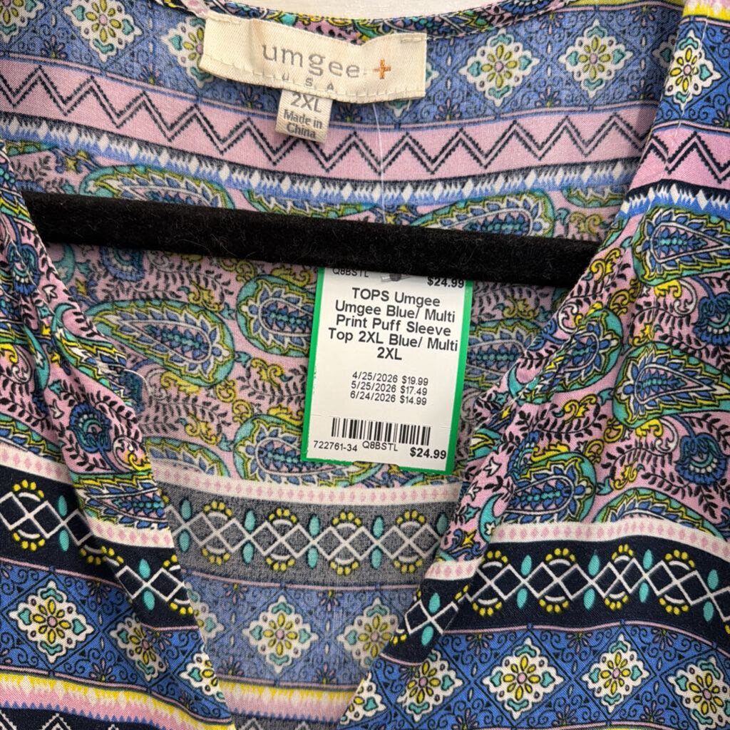 Umgee Blue/ Multi Print Puff Sleeve Top 2XL