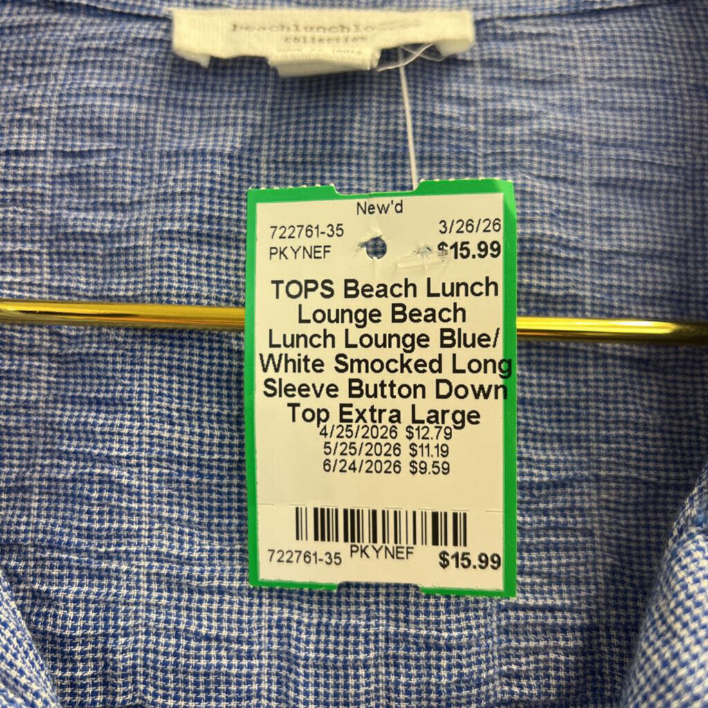 Beach Lunch Lounge Blue/ White Smocked Long Sleeve Button Down Top Extra Large