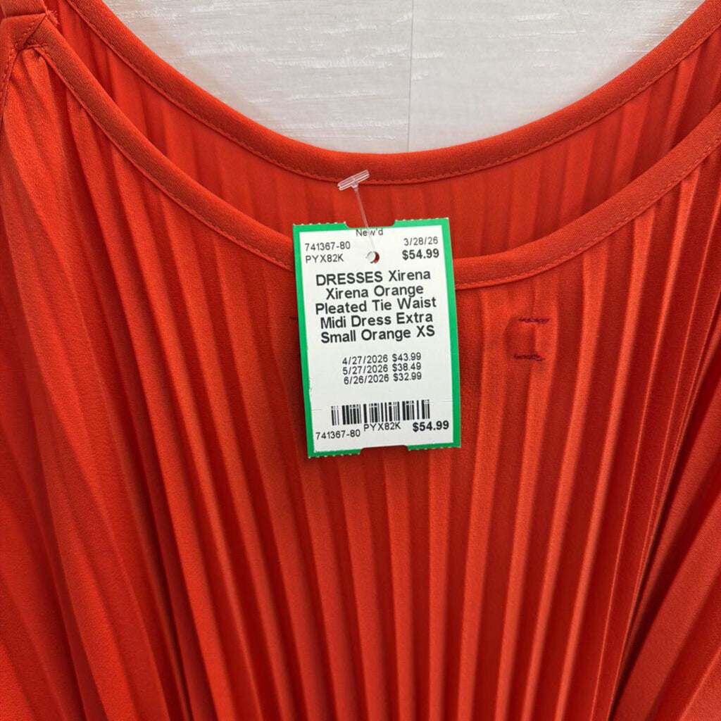 Xirena Orange Pleated Tie Waist Midi Dress Extra Small