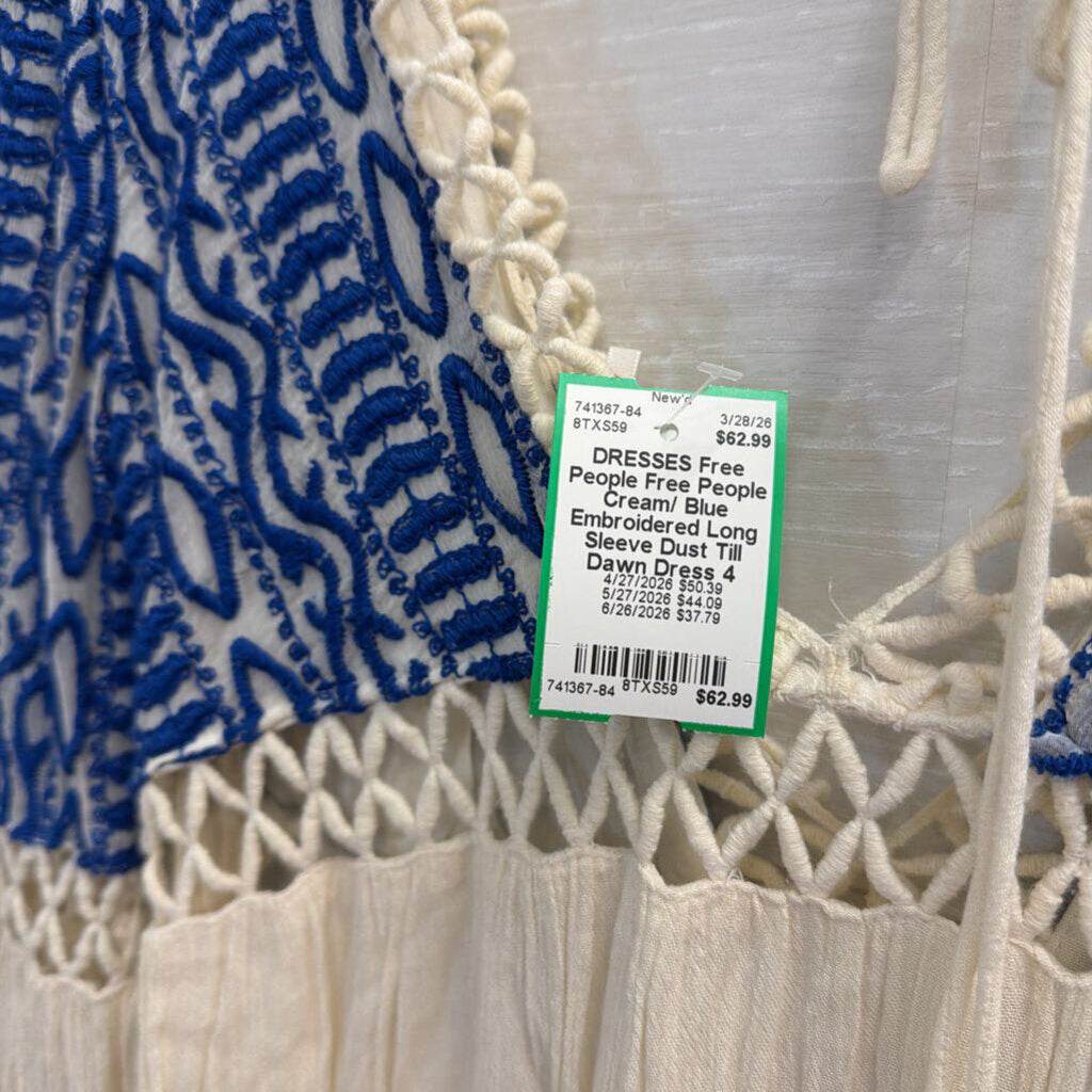 Free People Cream/ Blue Embroidered Long Sleeve Dust Till Dawn Dress 4