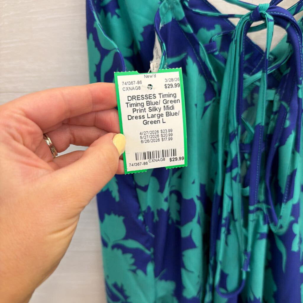 Timing Blue/ Green Print Silky Midi Dress Large