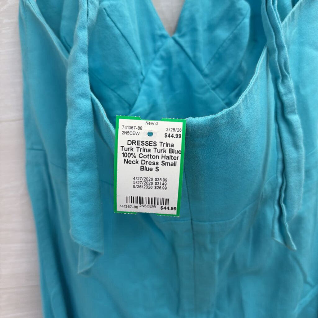 Trina Turk Blue 100% Cotton Halter Neck Dress Small