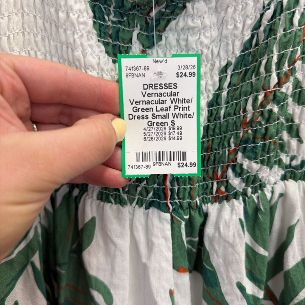 Vernacular White/ Green Leaf Print Dress Small
