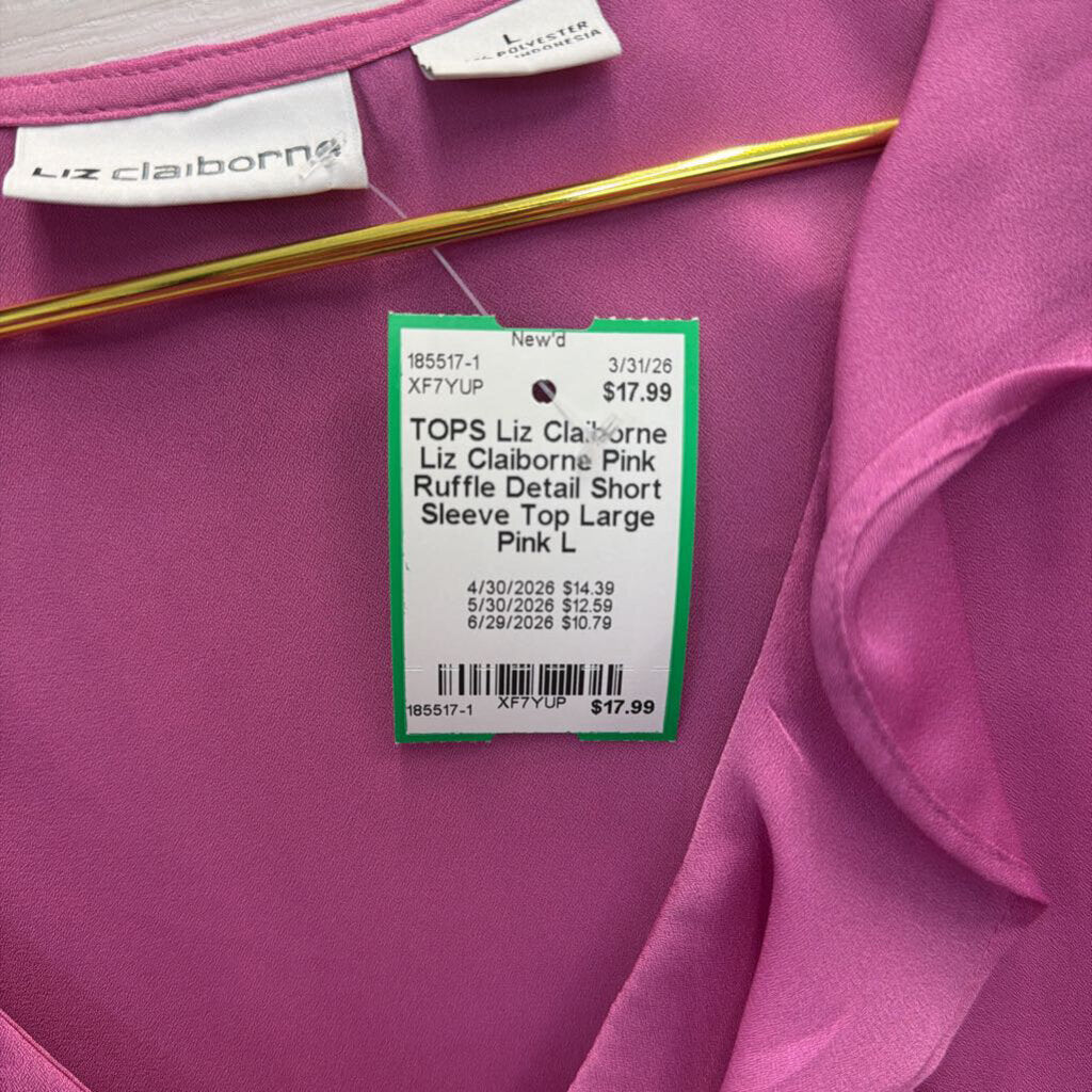 Liz Claiborne Pink Ruffle Detail Short Sleeve Top Large