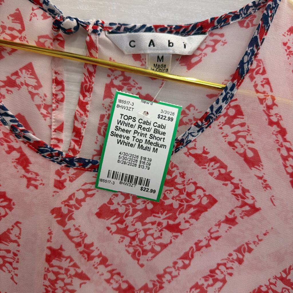 Cabi White/ Red/ Blue Sheer Print Short Sleeve Top Medium