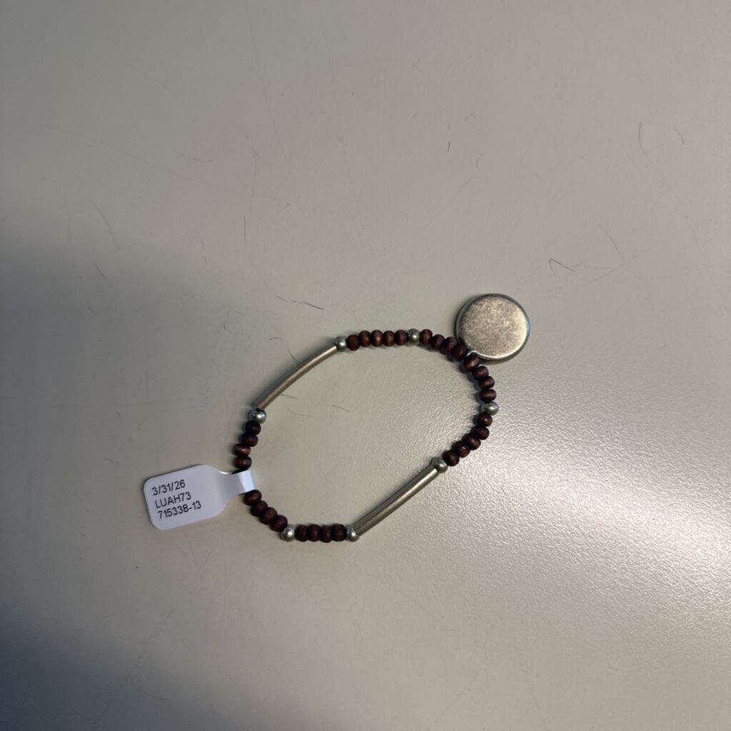 Stretchy Brown Beaded Silver Pendant Bracelet