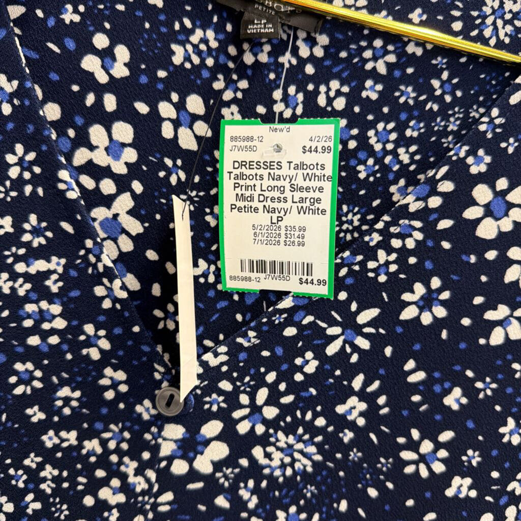 Talbots Navy/ White Print Long Sleeve Midi Dress Large Petite