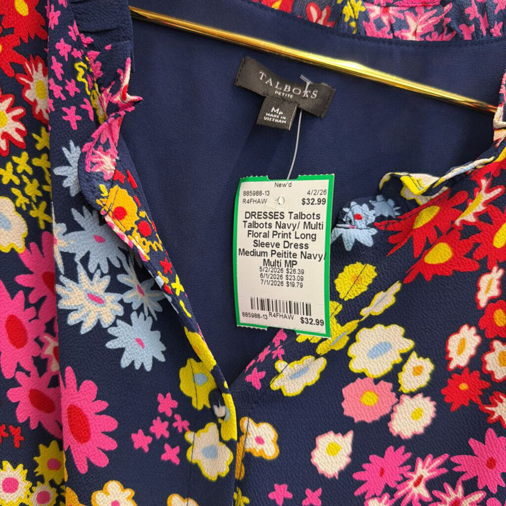 Talbots Navy/ Multi Floral Print Long Sleeve Dress Medium Peitite