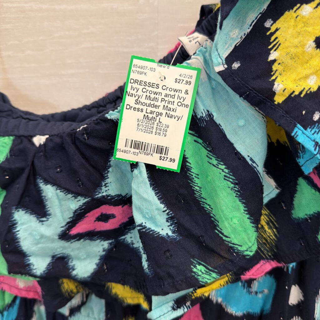 Crown and Ivy Navy/ Multi Print One Shoulder Maxi Dress Large