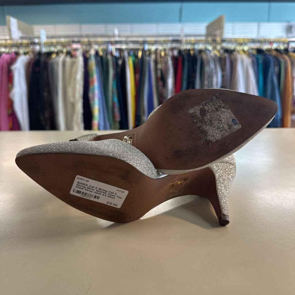 Call It Spring Silver Sparkle Close Toe Ankle Strap Heels 6.5