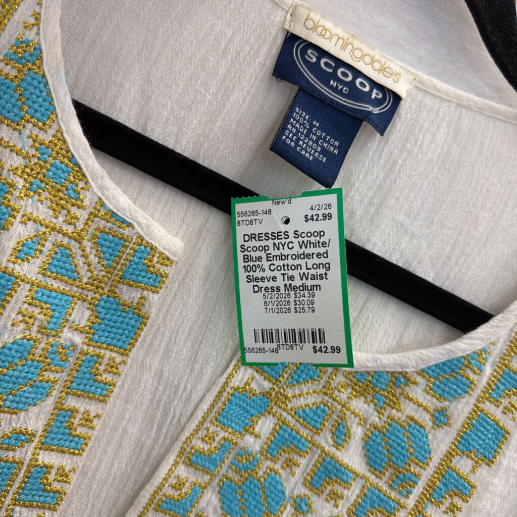 Scoop NYC White/ Blue Embroidered 100% Cotton Long Sleeve Tie Waist Dress Medium