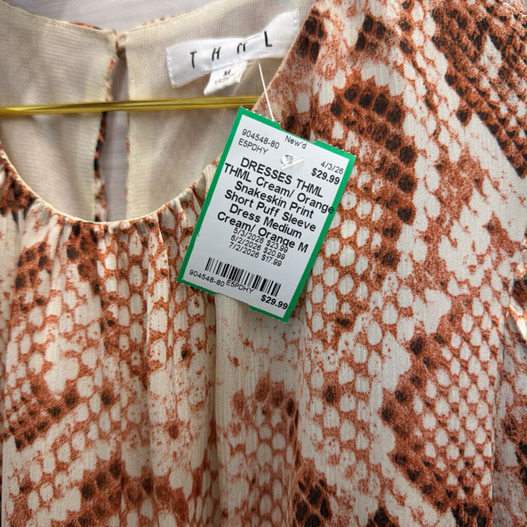 THML Cream/ Orange Snakeskin Print Short Puff Sleeve Dress Medium