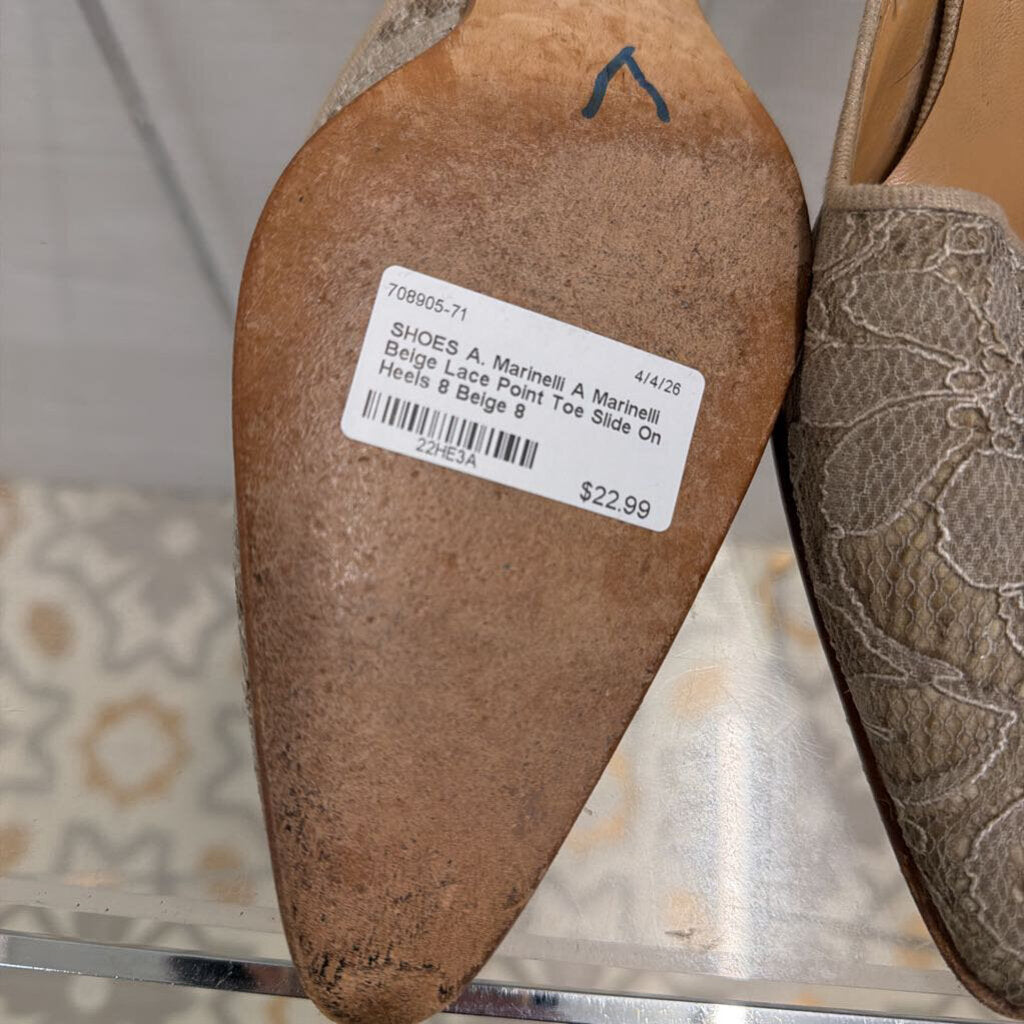 A Marinelli Beige Lace Point Toe Slide On Heels 8
