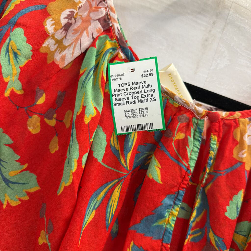 Maeve Red/ Multi Print Cropped Long Sleeve Top Extra Small