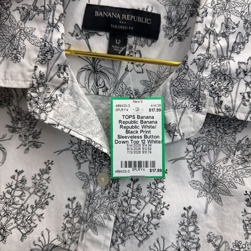 Banana Republic White/ Black Print Sleeveless Button Down Top 12