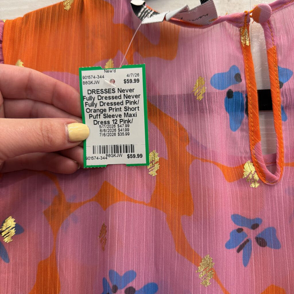 Never Fully Dressed Pink/ Orange Print Short Puff Sleeve Maxi Dress 12
