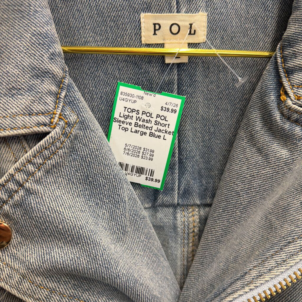 POL Light Wash Short Sleeve Belted Jacket Top Large