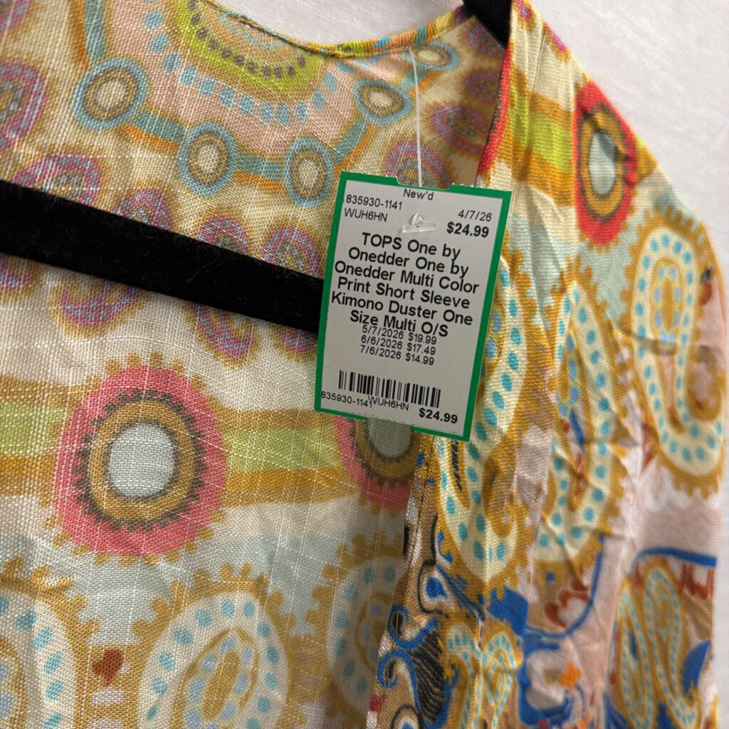 One by Onedder Multi Color Print Short Sleeve Kimono Duster One Size