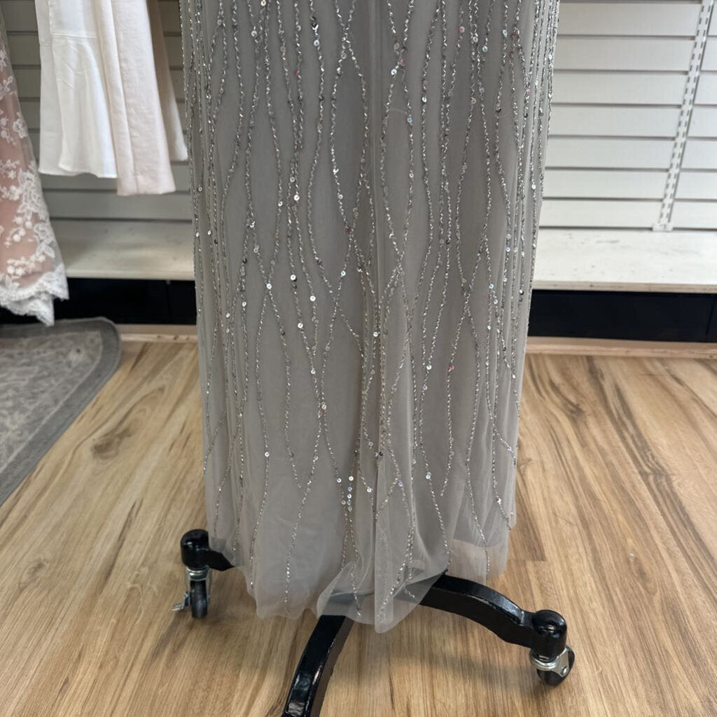 Oleg Cassini Grey/ Silver Sequin Beaded Skirt Cape Top Long Formal Dress 8