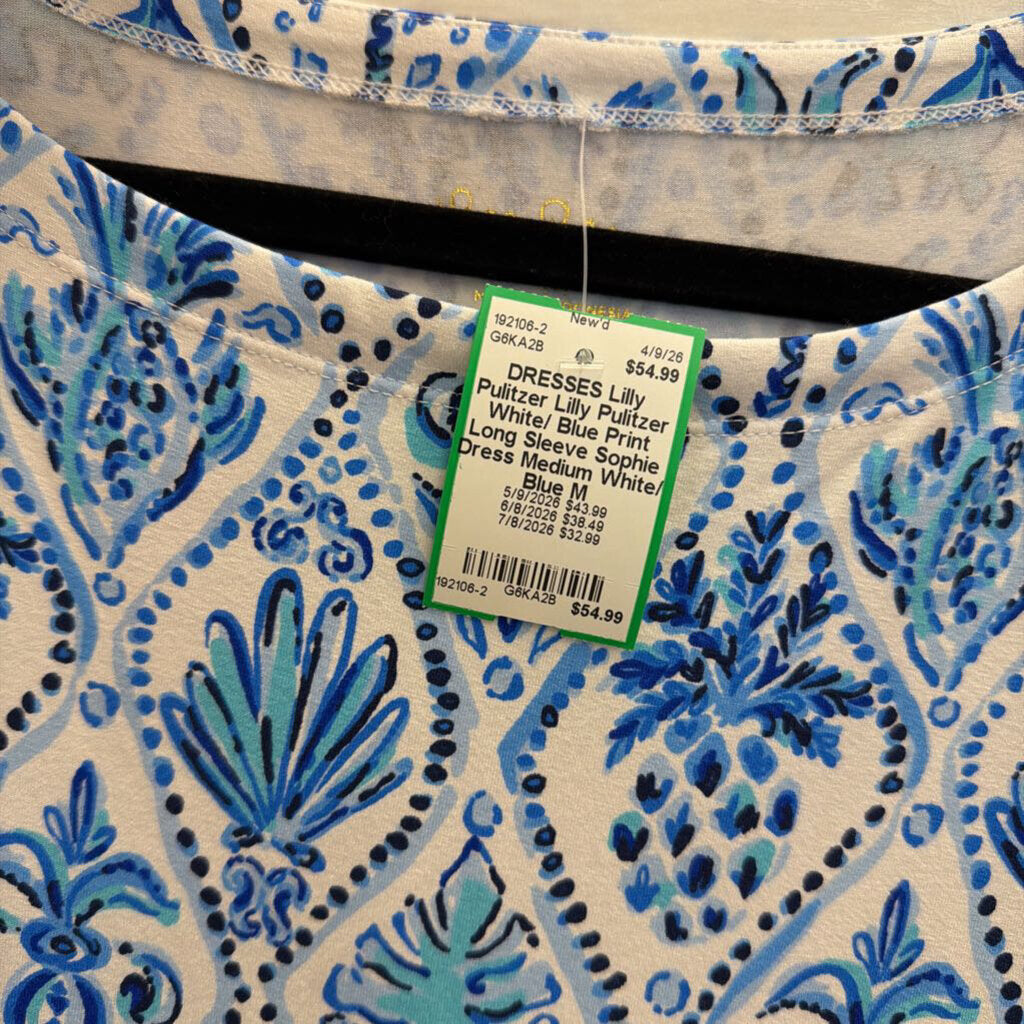 Lilly Pulitzer White/ Blue Print Long Sleeve Sophie Dress Medium