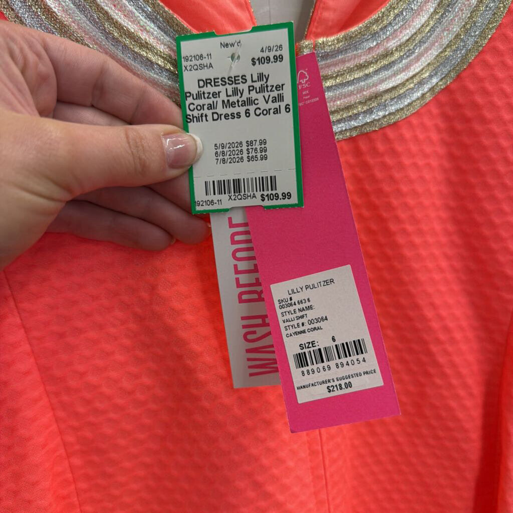 Lilly Pulitzer Coral/ Metallic Valli Shift Dress 6