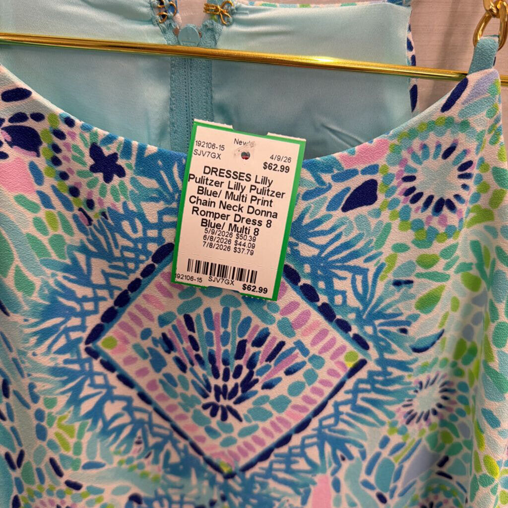 Lilly Pulitzer Blue/ Multi Print Chain Neck Donna Romper Dress 8