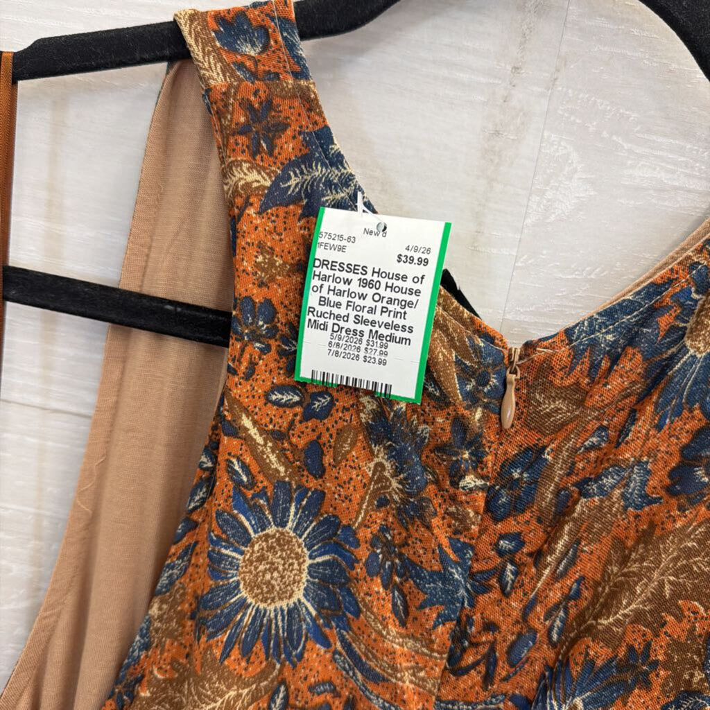 House of Harlow Orange/ Blue Floral Print Ruched Sleeveless Midi Dress Medium