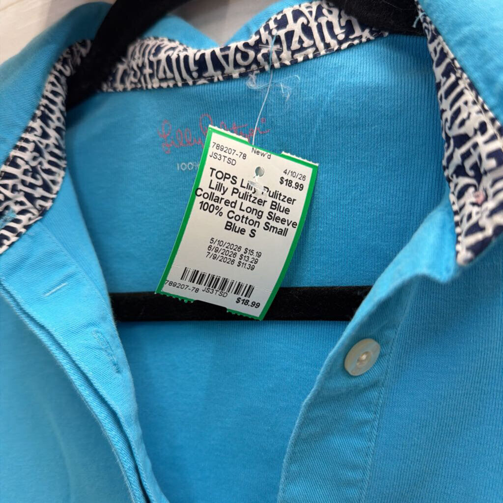 Lilly Pulitzer Blue Collared Long Sleeve 100% Cotton Small