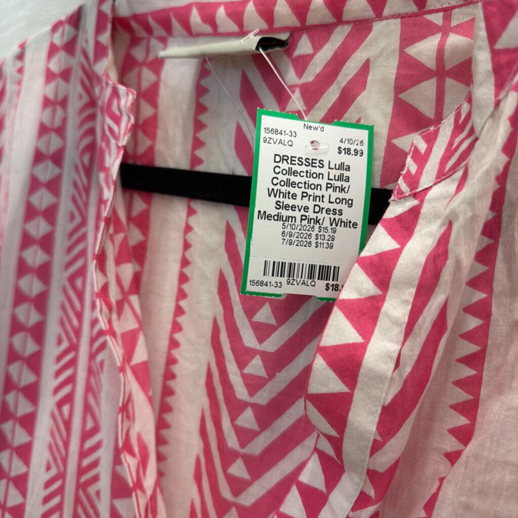 Lulla Collection Pink/ White Print Long Sleeve Dress Medium