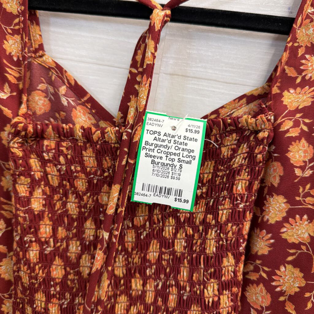 Altar'd State Burgundy/ Orange Print Cropped Long Sleeve Top Small