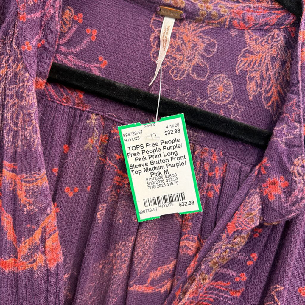 Free People Purple/ Pink Print Long Sleeve Button Front Top Medium