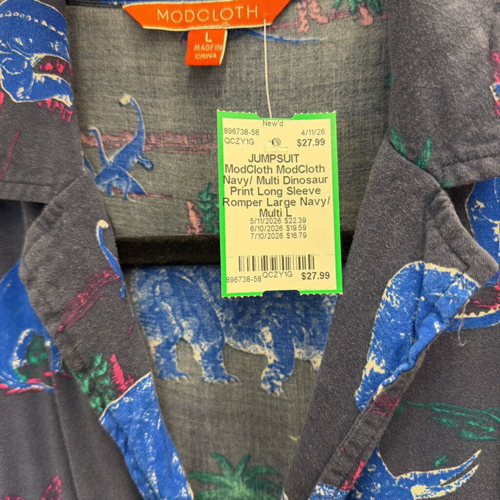 ModCloth Navy/ Multi Dinosaur Print Long Sleeve Romper Large