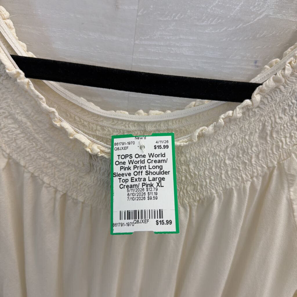 One World Cream/ Pink Print Long Sleeve Off Shoulder Top Extra Large