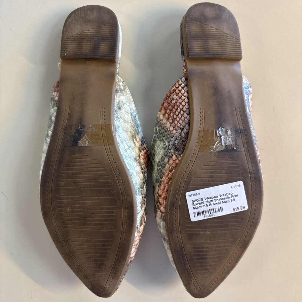 Weeboo Brown/ Multi Snakeskin Print Mules 8.5