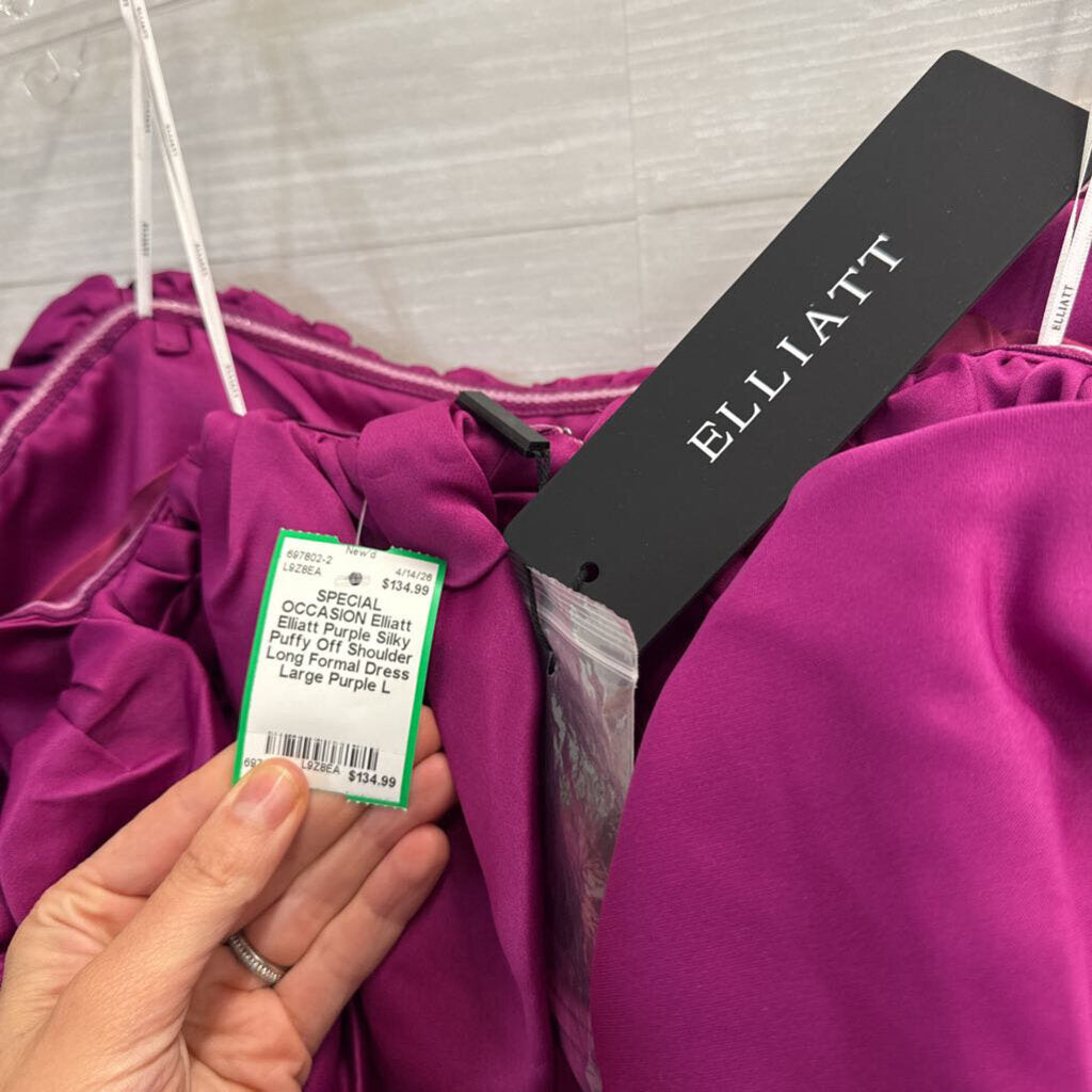 Elliatt Purple Silky Puffy Off Shoulder Long Formal Dress Large