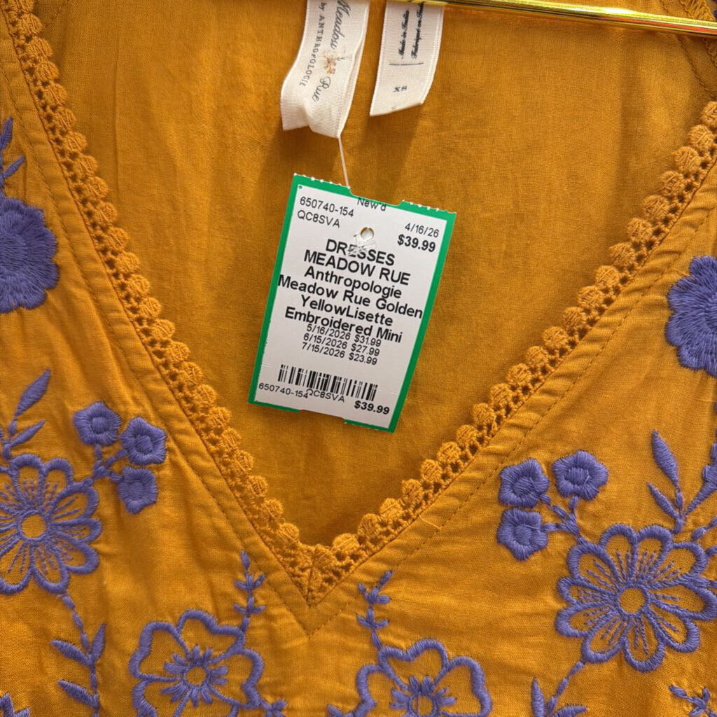 Anthropologie Meadow Rue Golden YellowLisette Embroidered Mini Dress Extra Small