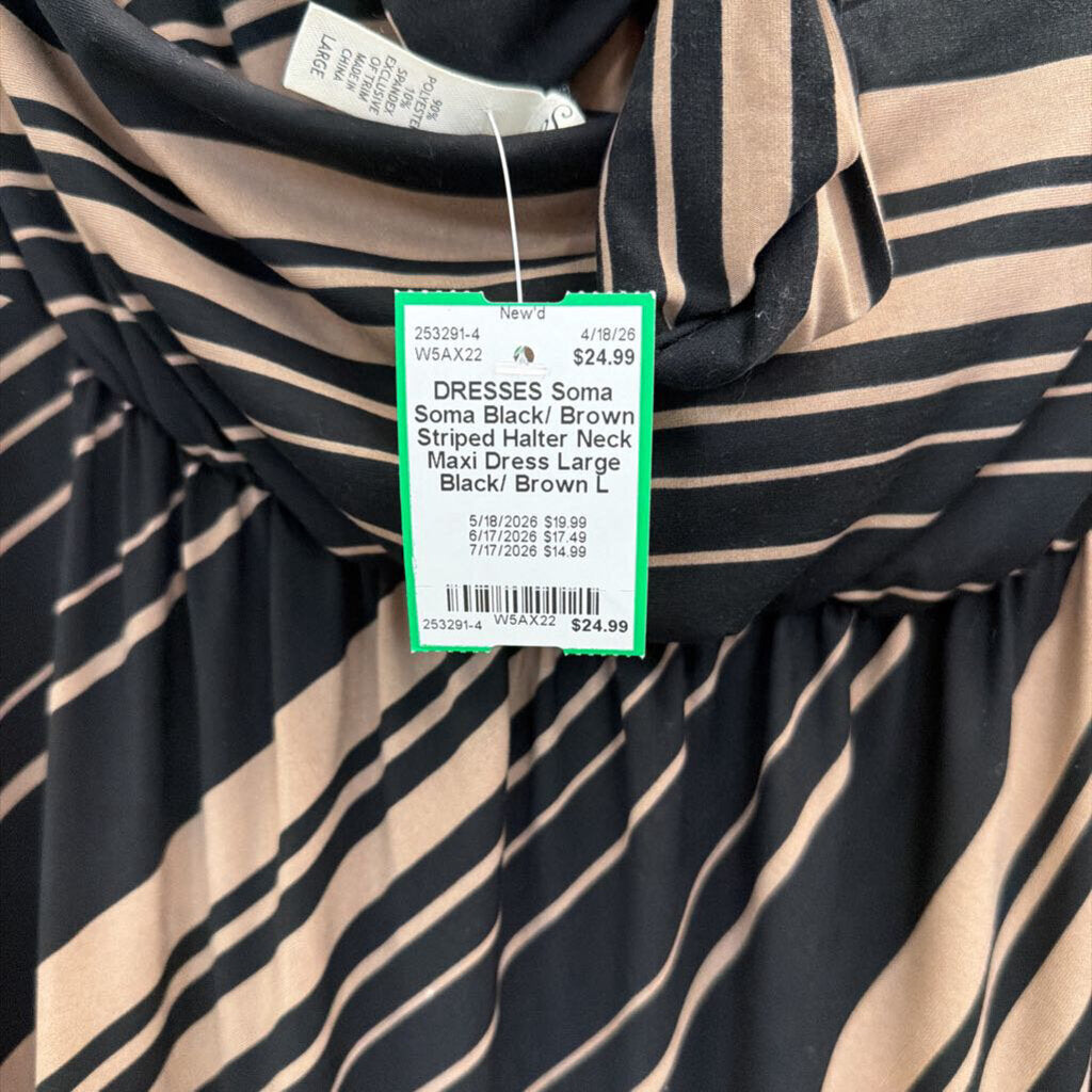 Soma Black/ Brown Striped Halter Neck Maxi Dress Large
