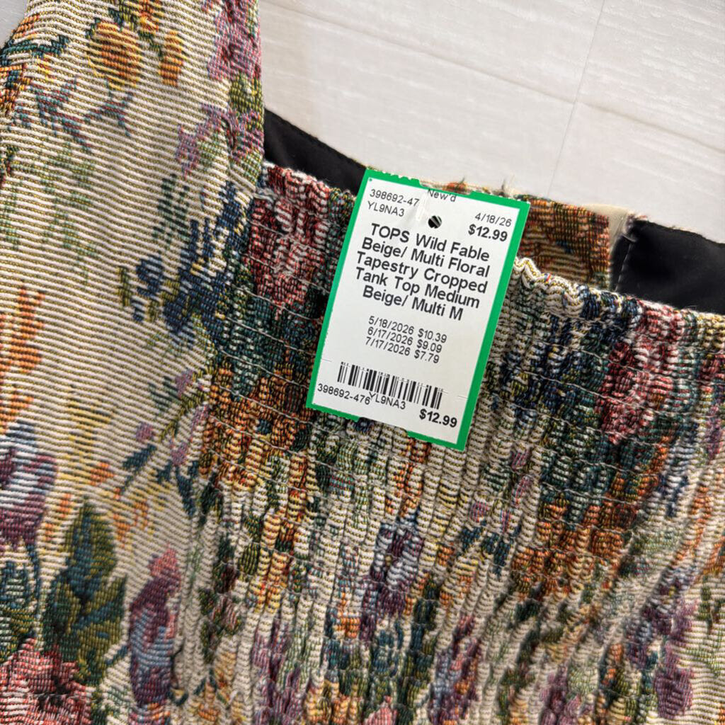 Beige/ Multi Floral Tapestry Cropped Tank Top Medium