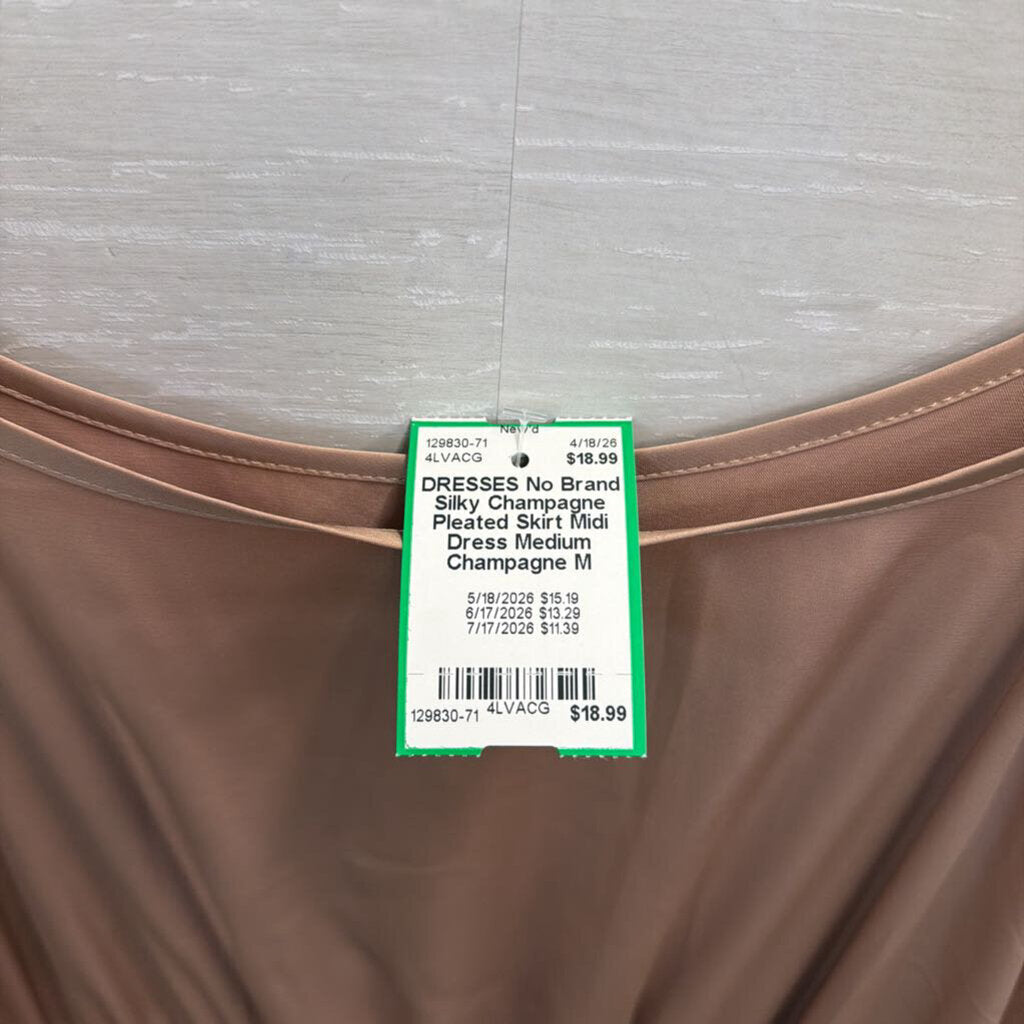 Silky Champagne Pleated Skirt Midi Dress Medium