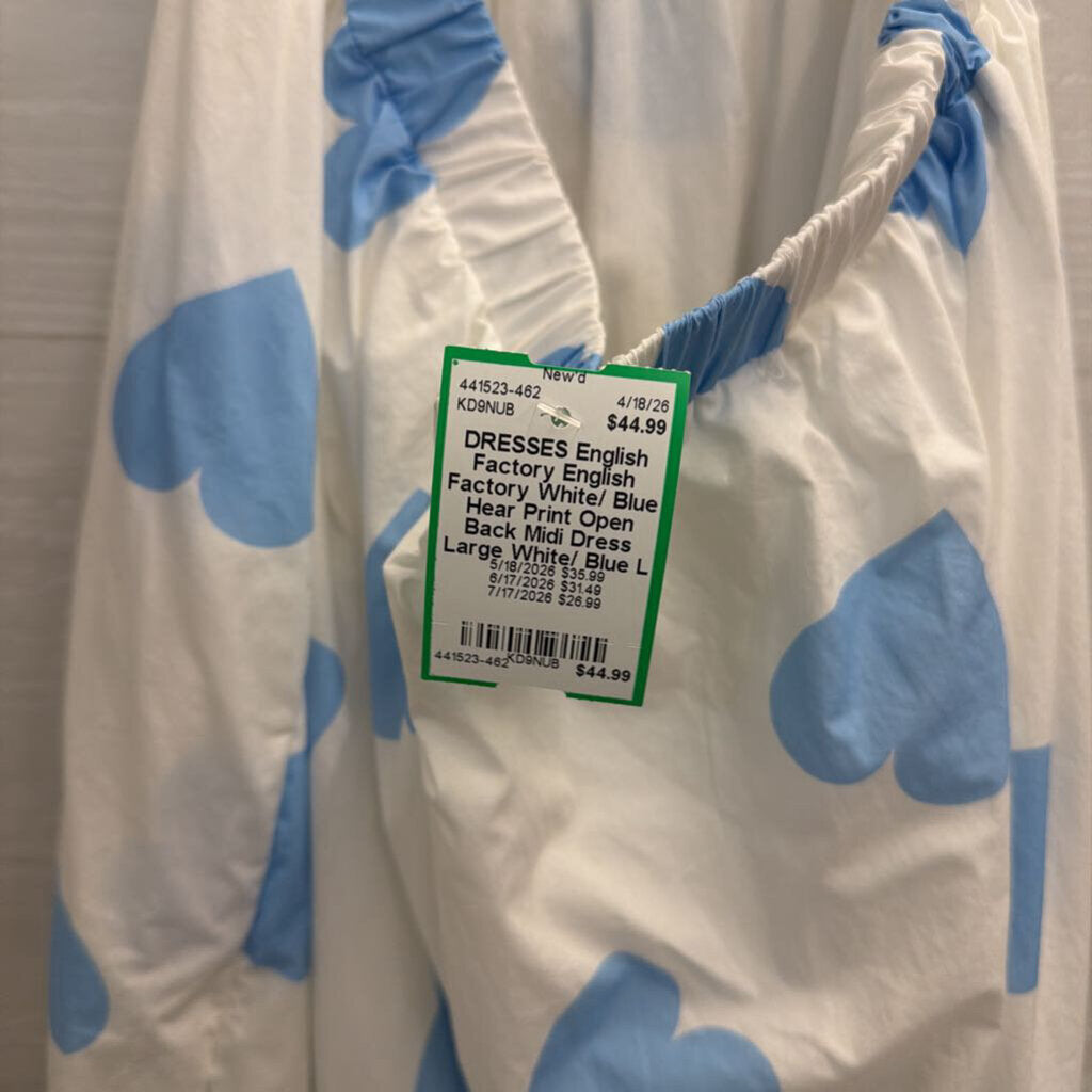 English Factory White/ Blue Hear Print Open Back Midi Dress Large