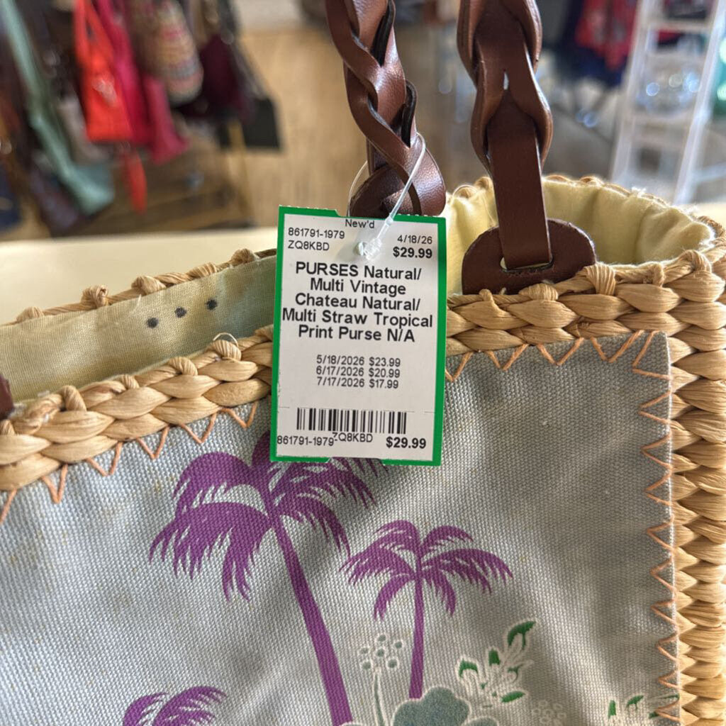Vintage Chateau Natural/ Multi Straw Tropical Print Purse