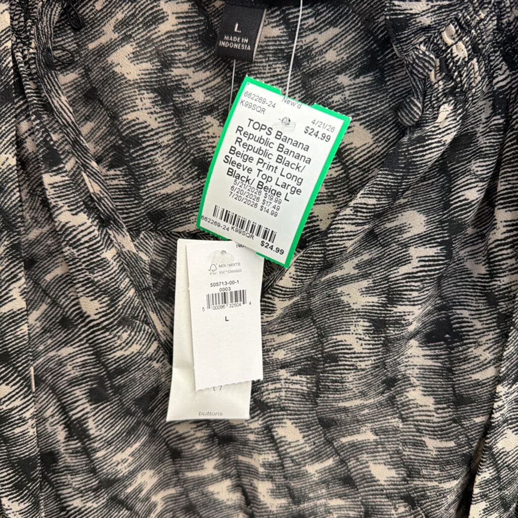 Banana Republic Black/ Beige Print Long Sleeve Top Large